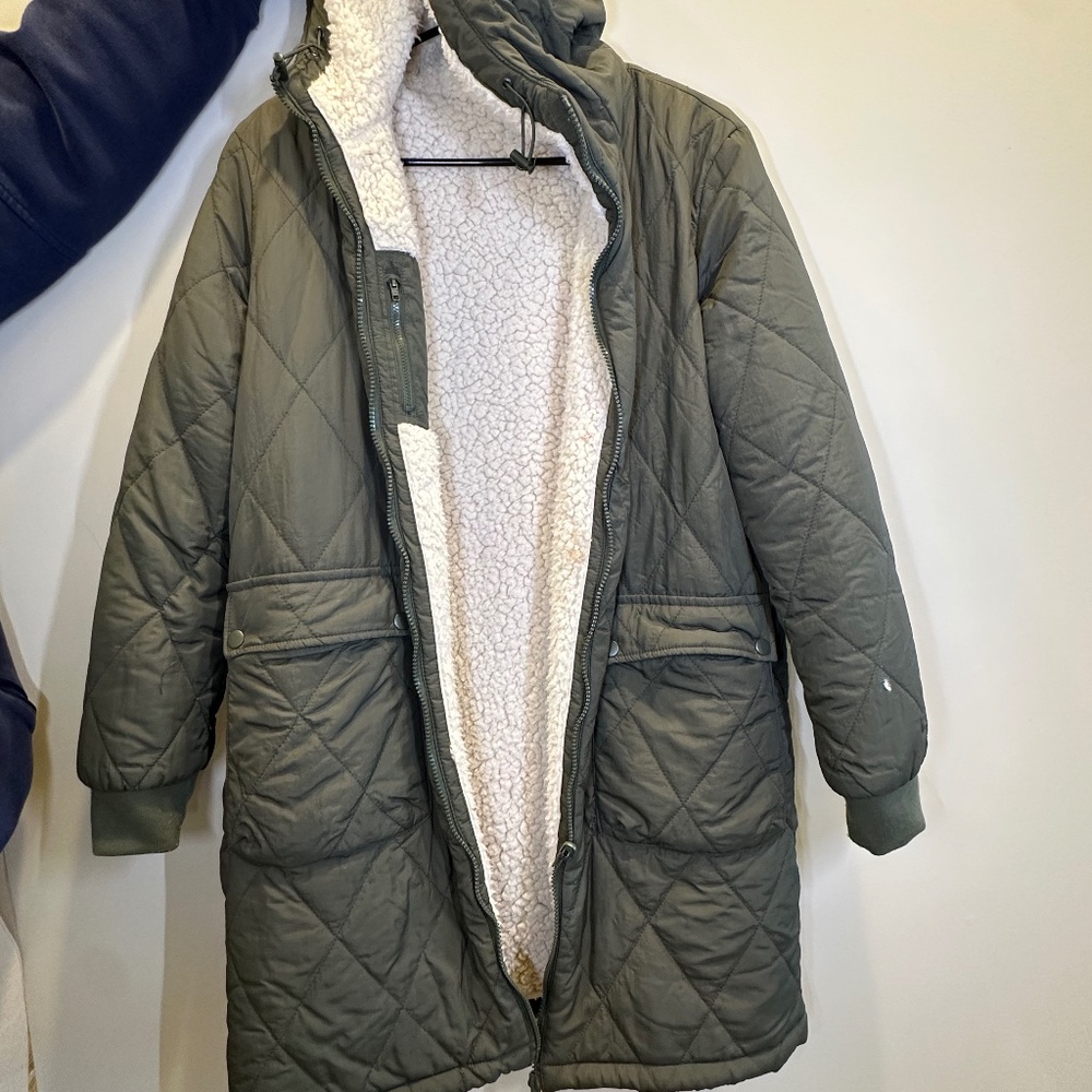 Love Tree Reversible Green and Khaki Quilted Teddy Coat